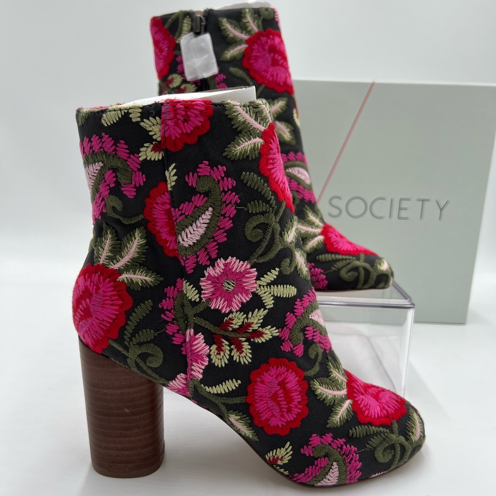 Sole Society Floral Embroidered Ankle Boots Black Pink Block Heel Women Size 5 - Picture 5 of 13